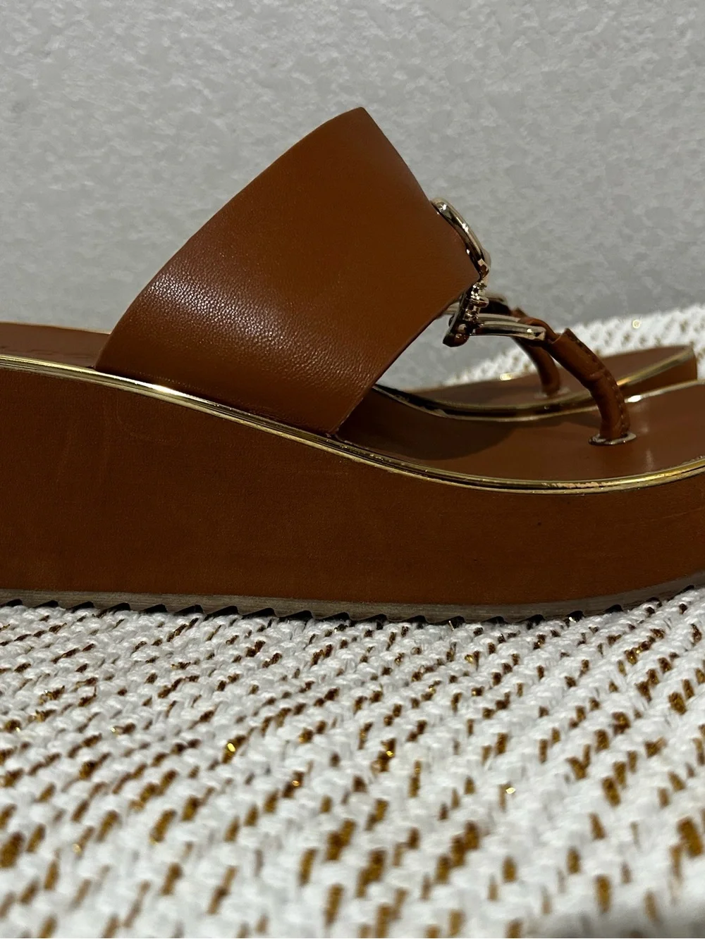 Aldo Chestnut Brown Platform Toe-Post Sandals with Gold Hardware